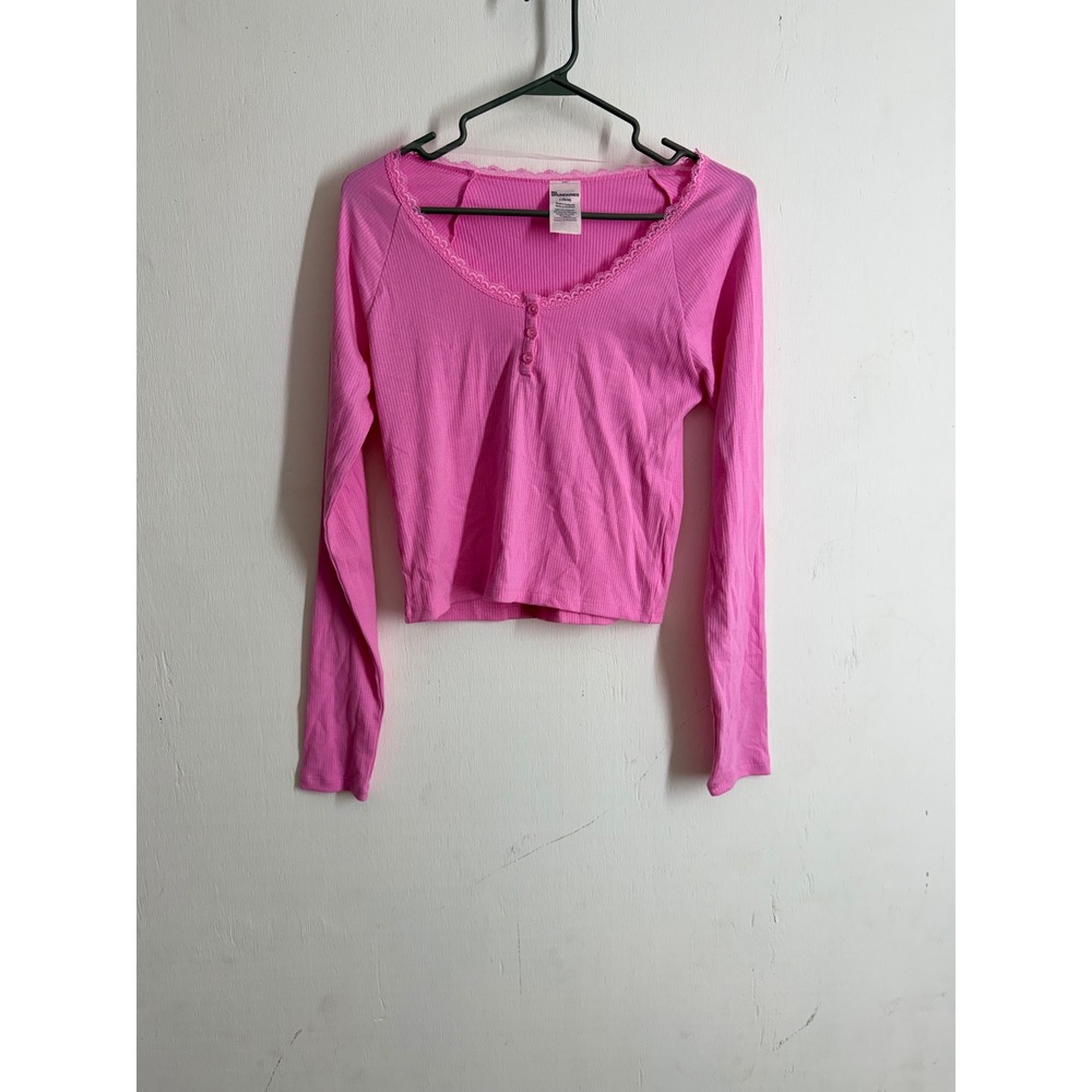 No Boundaries Pink Ribbed Lace Trim Henley Long Sleeve Top Large Y2K Coquette